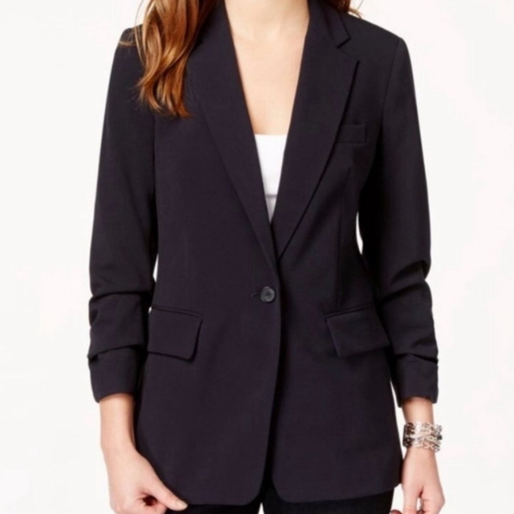 Michael Kors Dark Navy 3/4 Ruched Sleeve Single Button Blazer Size 2P